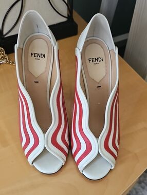 Fendi Women’s White and Red Peep-Toe Leather Pumps